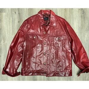KYMO‎ Red Real Leather Trucker Jacket L Stars Buttons Women's Vintage VTG